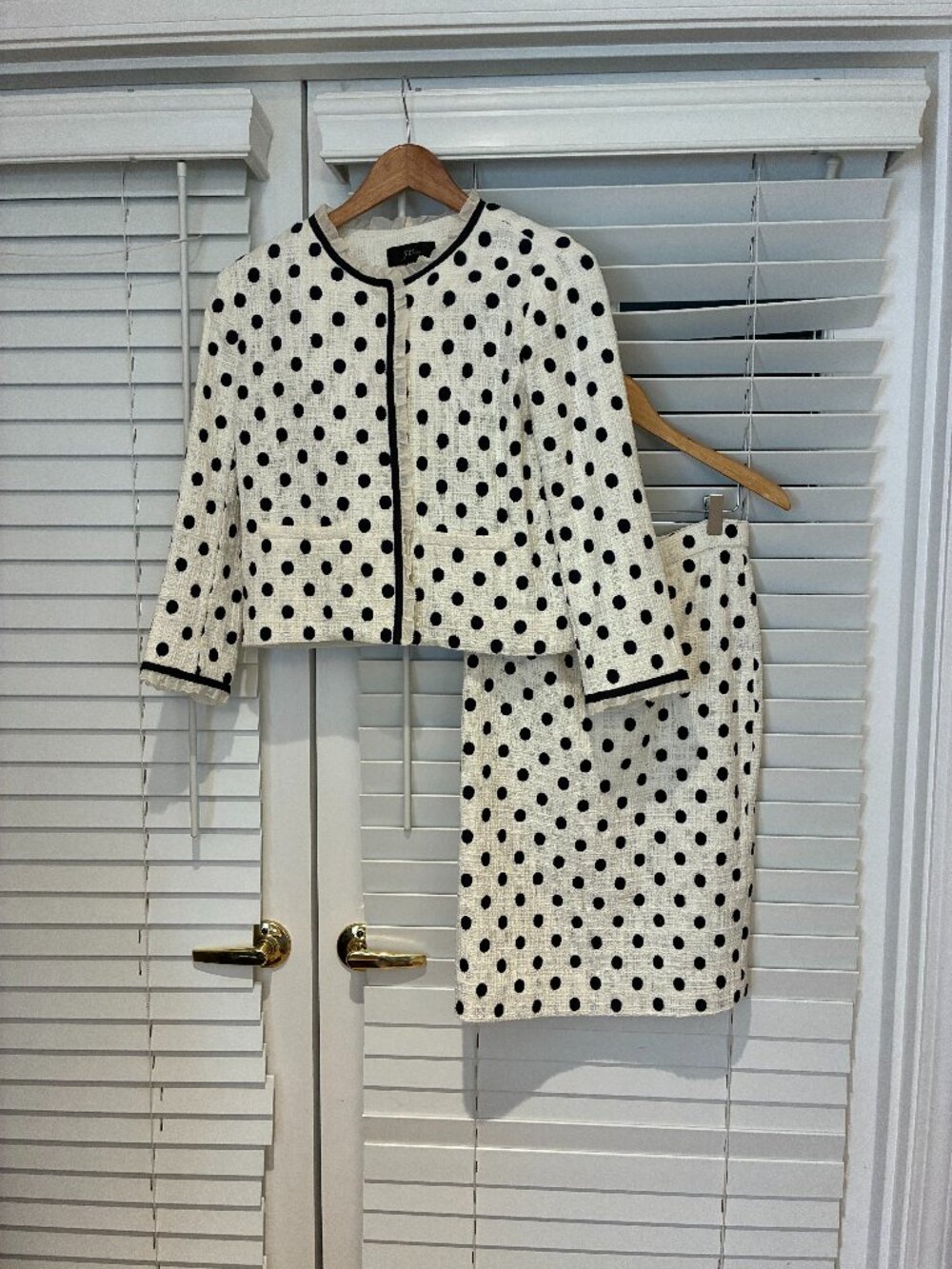 J. Crew Jacket and Skirt Polka Dot Tweed Navy and White